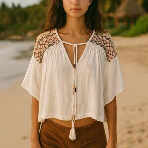 Free People Cream Embroidered Tie-Front Boho Top